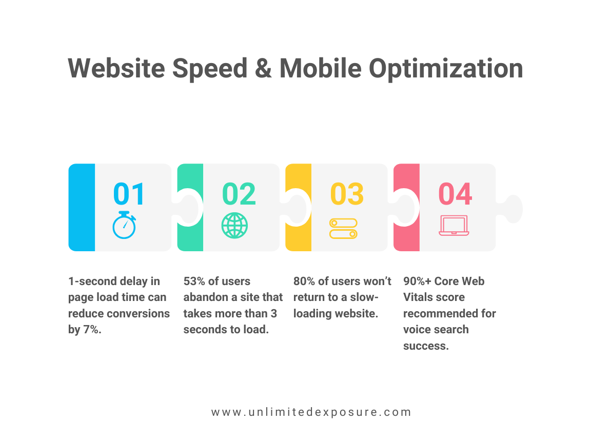 Website speed and mobile optimization are critical for user engagement and conversions. A 1-second delay in load time can reduce conversions by 7%, and 53% of users abandon sites that take over 3 seconds to load. Additionally, 80% of users won’t return to slow websites. A 90+ Core Web Vitals score is recommended for voice search success. Source: UnlimitedExposure.com