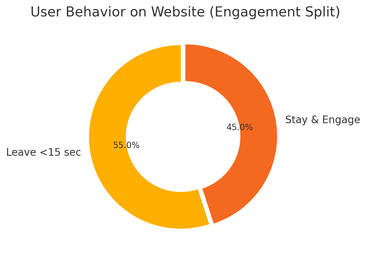 This donut chart shows that 55% of website visitors leave within the first 15 seconds, while 45% stay and engage with the content. It highlights how crucial first impressions are for keeping users on your site.