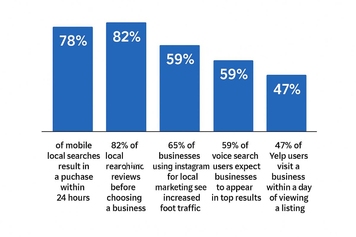 Chart showing how people discover local businesses: 93 percent of buying journeys start with a search engine, 68 percent of consumers use Facebook for local discovery, 45 percent of Gen Z use TikTok as a search engine, 76 percent of smartphone users rely on voice search weekly, and 55 percent have asked ChatGPT for business recommendations. This highlights the shift beyond Google to social, voice, and AI tools for finding local services.