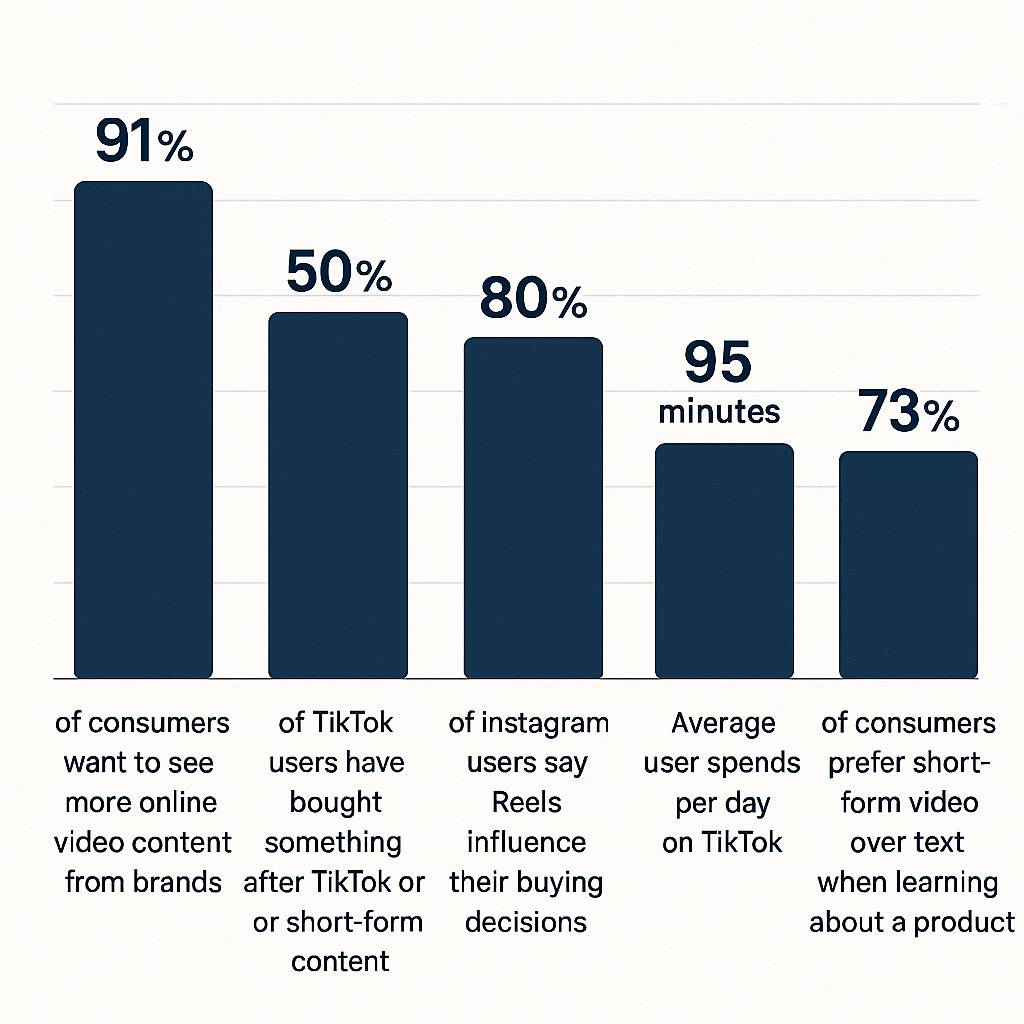 Bar chart showing video stats: 91% want more brand videos, 50% buy from TikTok, 80% influenced by Instagram Reels, 95 minutes spent daily on TikTok, 73% prefer video over text.