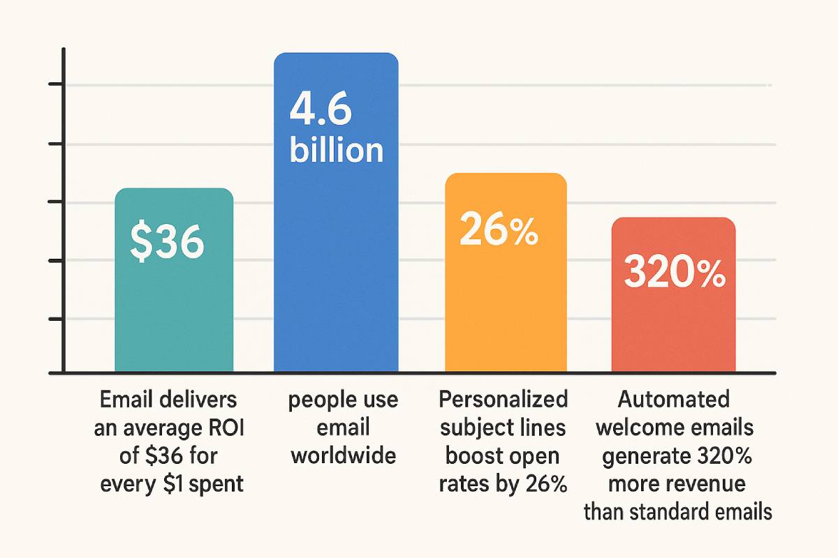 Bar chart infographic showing key email marketing statistics. Bars display: $36 ROI for every $1 spent on email, 4.6 billion people use email worldwide, personalized subject lines increase open rates by 26%, and automated welcome emails generate 320% more revenue than standard emails.