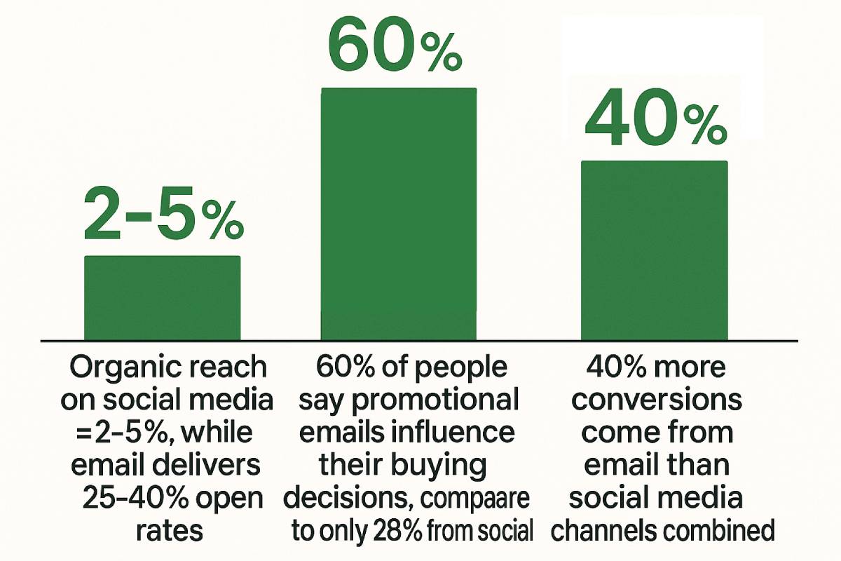 Infographic comparing email marketing to social media. Left: Organic reach on social media is 2–5%, while email delivers 25–40% open rates. Center: 60% of people say promotional emails influence their buying decisions, compared to 28% from social media. Right: Email drives 40% more conversions than all social media channels combined.
