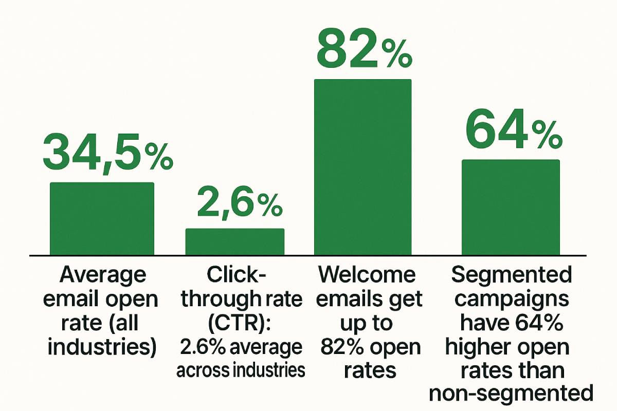 Infographic on email engagement and open rates. From left to right: Average email open rate across all industries is 34.5%. Average click-through rate (CTR) is 2.6%. Welcome emails reach up to 82% open rates. Segmented campaigns achieve 64% higher open rates than non-segmented campaigns.