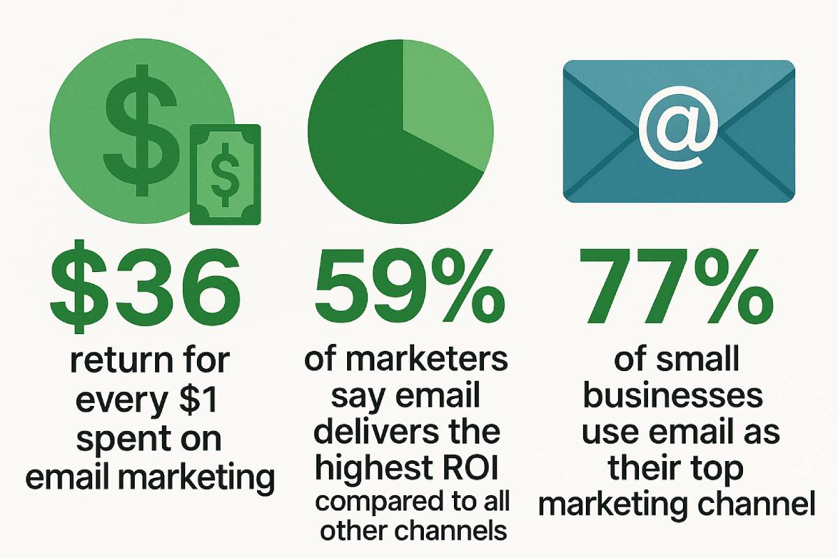 Infographic on email marketing ROI. Left: Dollar icons with text: $36 return for every $1 spent on email marketing. Center: Pie chart with text: 59% of marketers say email delivers the highest ROI compared to all other channels. Right: Email icon with text: 77% of small businesses use email as their top marketing channel