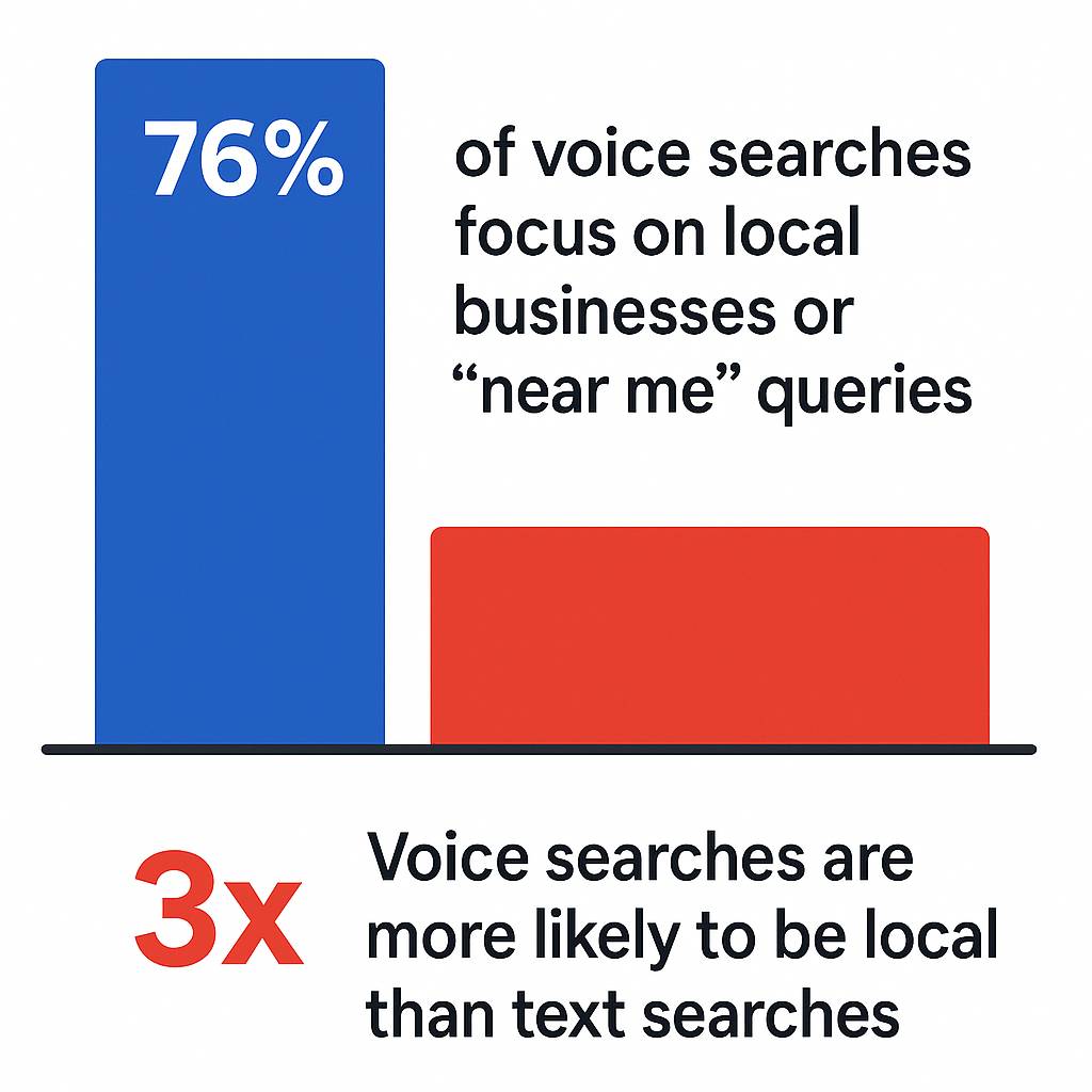76% of voice searches are for local or “near me” queries; 3x more likely local than text searches.