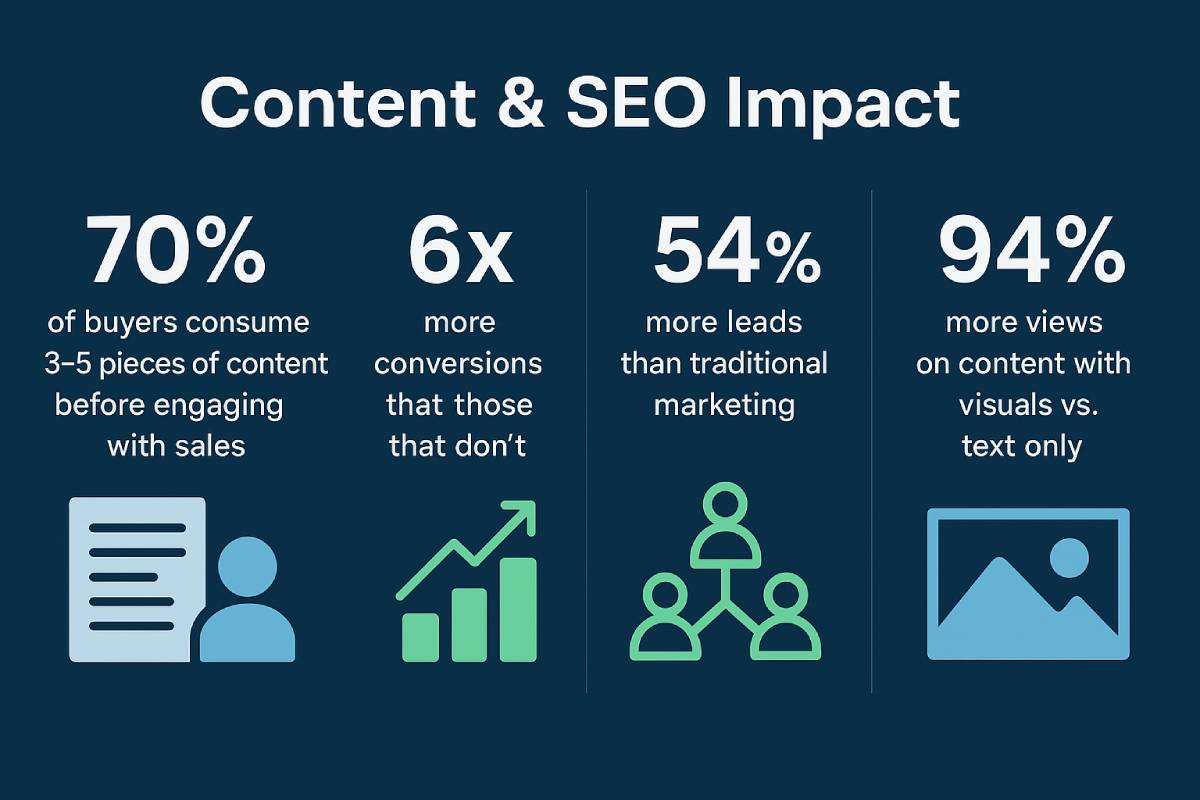 Infographic titled 'Content & SEO Impact': 70% of buyers view 3–5 pieces before sales, 6x more conversions, 54% more leads, 94% more views with visuals