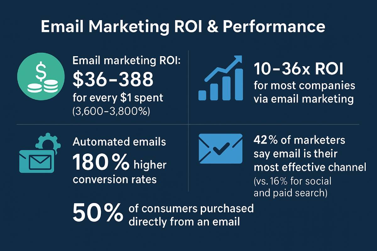 Infographic titled 'Email Marketing ROI & Performance': ROI $36–388 per $1 spent, 10–36x ROI for most companies, automated emails give 180% higher conversions, 50% of consumers purchase via email, and 42% of marketers rank email as most effective channel.