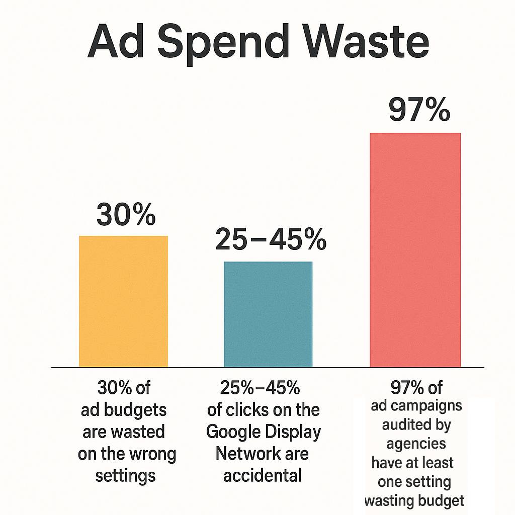 Ad spend waste chart showing 30% budget wasted, 25–45% accidental clicks, and 97% campaigns with wasted settings