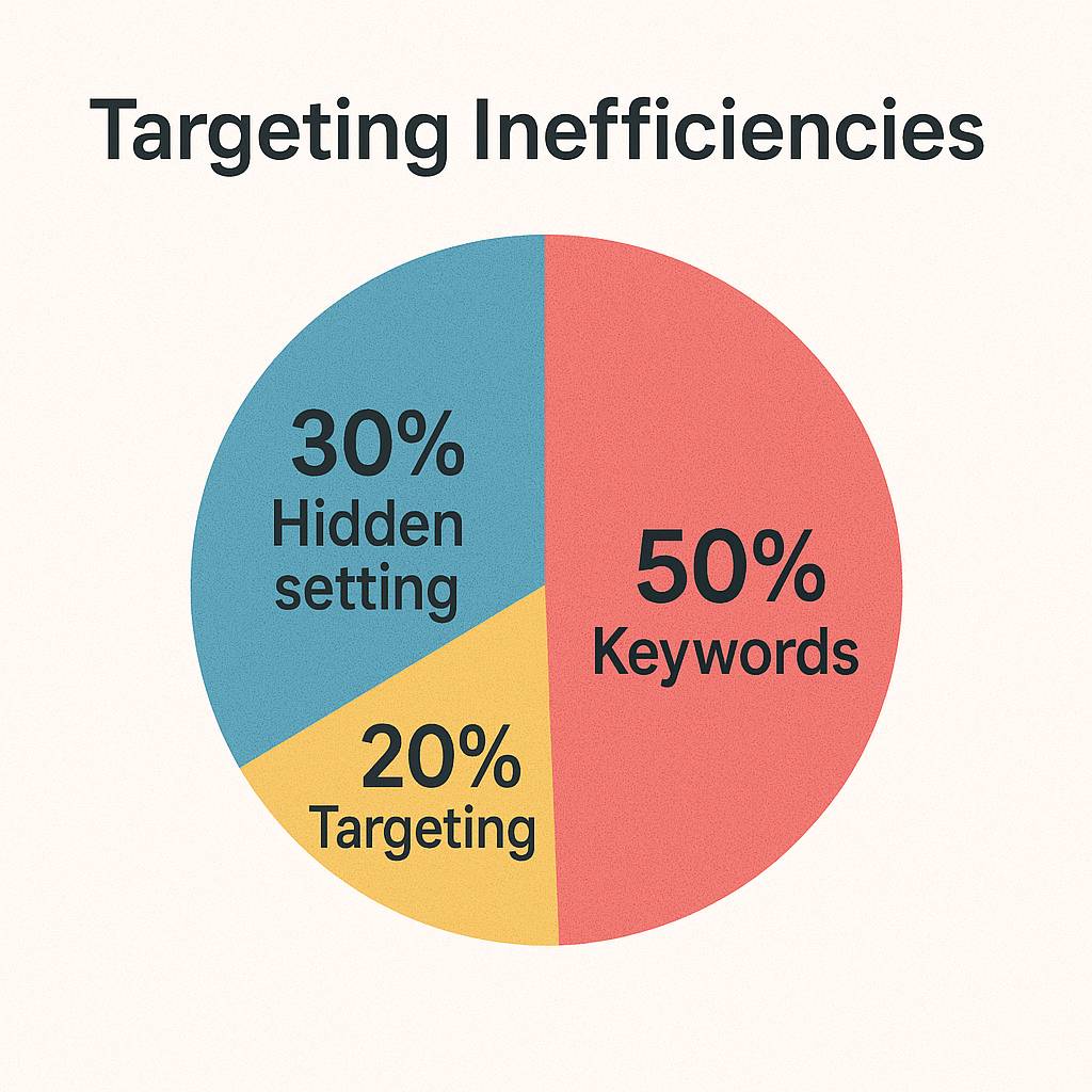 Pie chart of targeting inefficiencies: 50% keywords, 30% hidden setting, 20% targeting