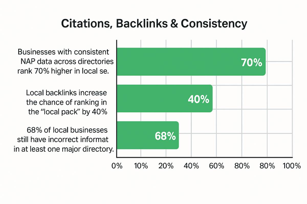 Bar chart showing statistics on citations, backlinks, and consistency: Businesses with consistent NAP data rank 70% higher in local search, local backlinks boost chances of ranking in the local pack by 40%, and 68% of local businesses still have incorrect information in at least one major directory.