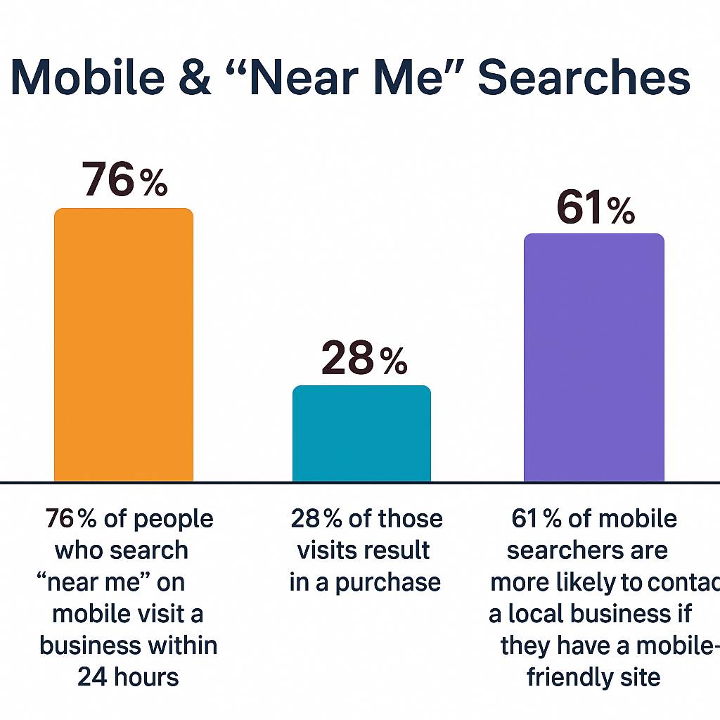 Bar chart showing mobile and “near me” search statistics: 76% of people who search “near me” on mobile visit a business within 24 hours, 28% of those visits result in a purchase, and 61% of mobile searchers are more likely to contact a local business if the site is mobile-friendly.