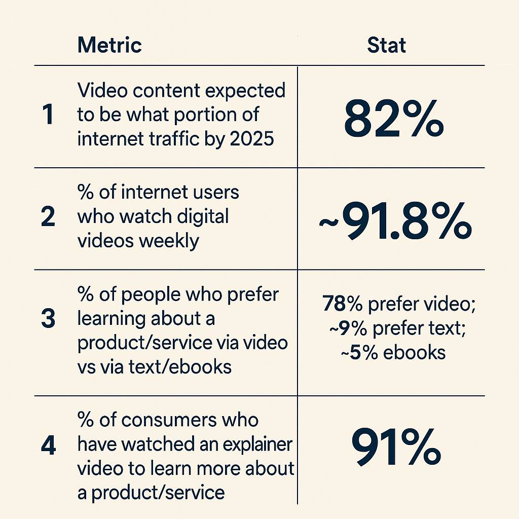 Infographic with video marketing stats: 82% of internet traffic will be video by 2025; 91.8% of users watch videos weekly; 78% prefer video over text (9%) or ebooks (5%); 91% have watched explainer videos to learn about products.