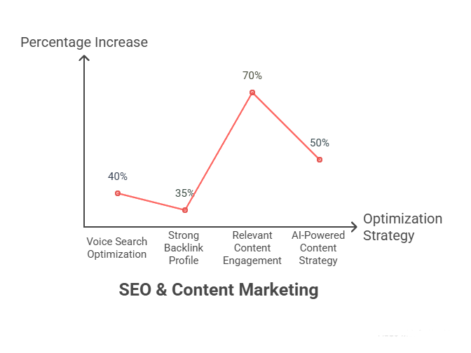 The image shows a graph of SEO & Content Marketing, with percentage increases for different strategies: Voice Search Optimization (40%), Strong Backlink Profile (35%), Relevant Content Engagement (70%), and AI-Powered Content Strategy (50%). Relevant content engagement shows the highest increase.
