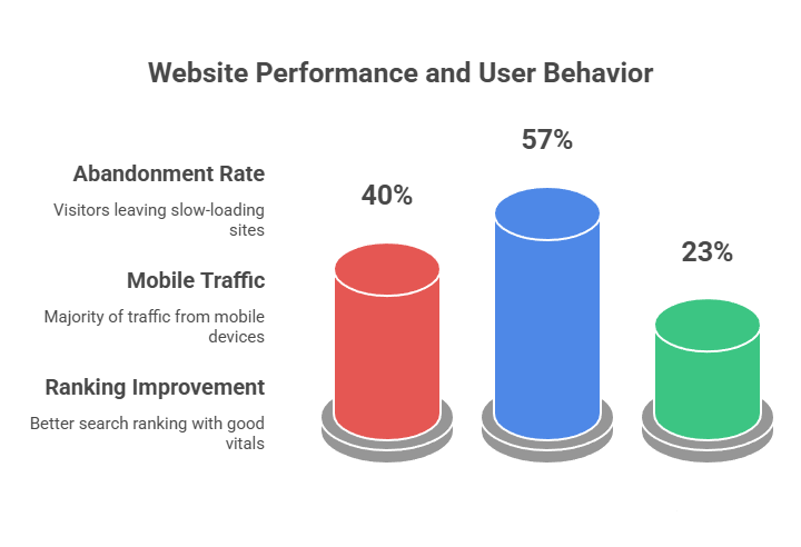 The image shows website performance and user behavior: 40% abandonment rate due to slow loading, 57% of traffic from mobile devices, and 23% improvement in search rankings with good website vitals.