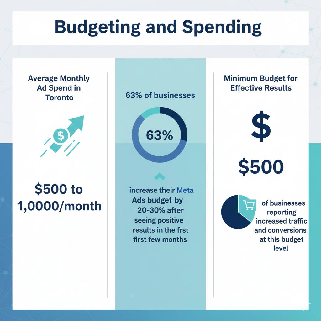 The image displays budgeting for Meta Ads in Toronto, highlighting:  Average monthly spend: $500-$1,000.  63% of businesses increase their budget by 20-30% after positive results.  $500 is the minimum budget for effective results.