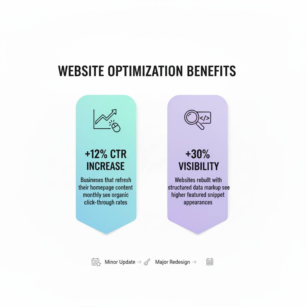 Infographic showing website optimization benefits: +12% CTR increase from monthly content refresh and +30% visibility from structured data markup