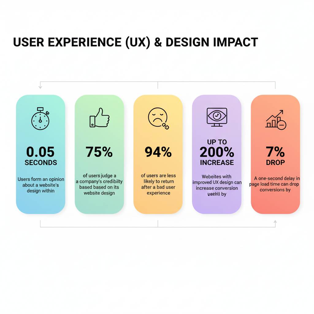 Infographic showing the impact of UX design on websites, highlighting 0.05 seconds for first impressions, 75% of users judge credibility, 94% are less likely to return after a bad experience, up to 200% conversion increase with better UX, and a 7% drop in conversions with a one-second delay in load time.