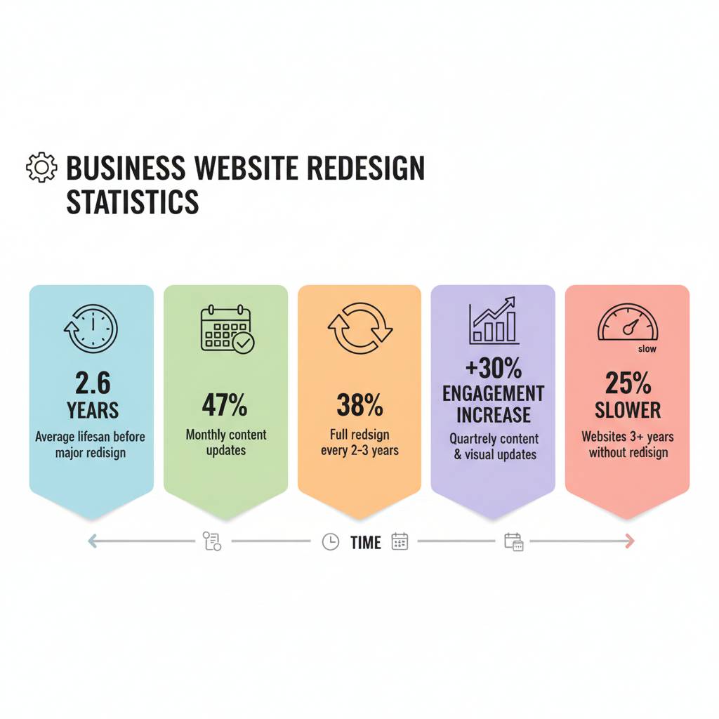 Infographic showing website redesign stats: 2.6 years lifespan, 47% update monthly, 38% redesign every 2-3 years, 30% engagement boost with quarterly updates, and 25% slower for websites 3+ years without redesign.