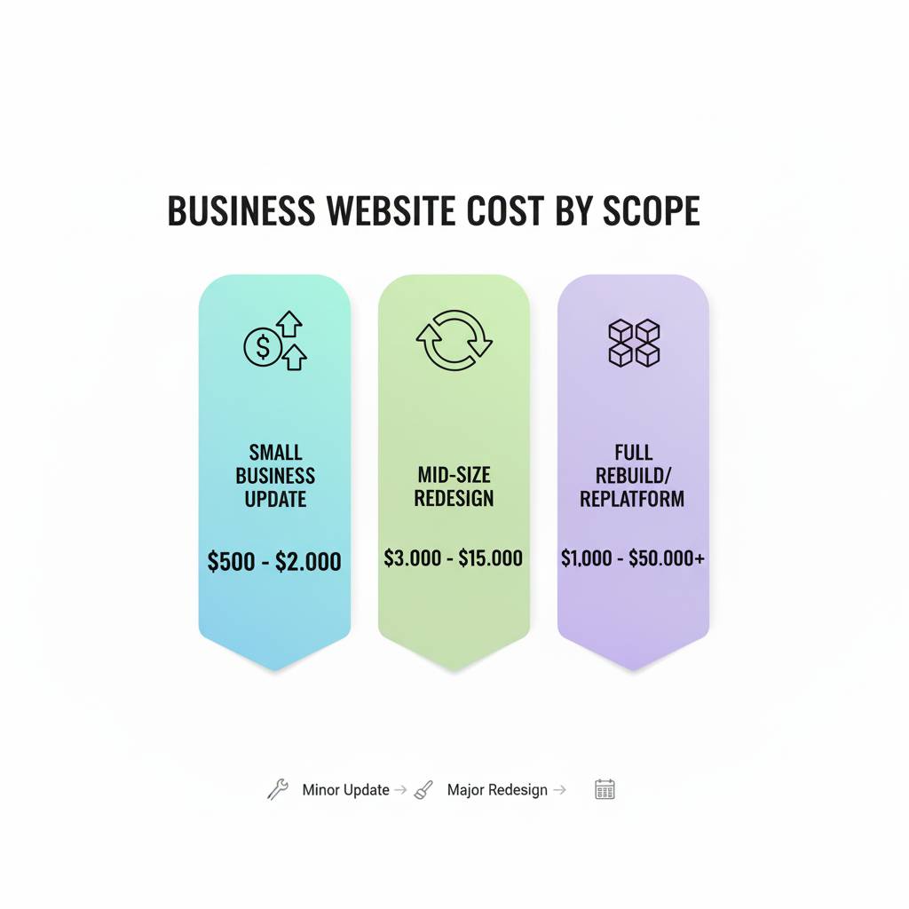 A graphic showing business website costs by scope: "Small Business Update" ($500-$2,000), "Mid-Size Redesign" ($3,000-$15,000), and "Full Rebuild/Replatform" ($1,000-$50,000+).