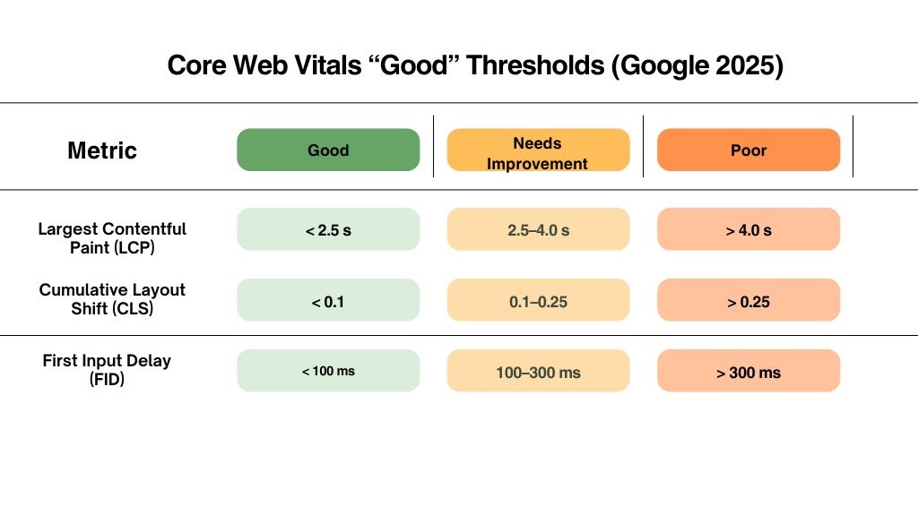 Google 2025 Core Web Vitals table showing: LCP (<2.5s good, >4s poor), CLS (<0.1 good, >0.25 poor), FID (<100ms good, >300ms poor).
