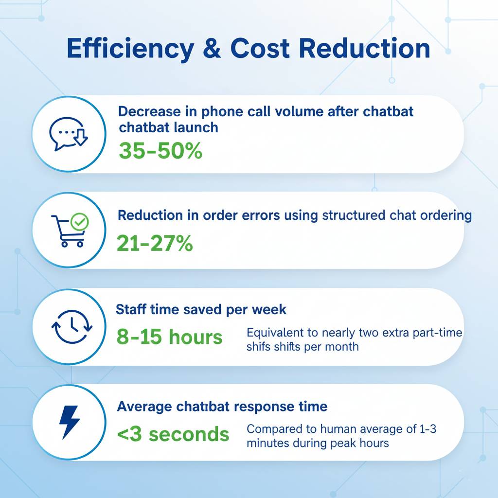 Infographic titled “Efficiency & Cost Reduction.” It shows chatbot benefits for restaurants: phone call volume down 35–50%, order errors reduced 21–27%, staff save 8–15 hours weekly, and chatbot response time is under 3 seconds.