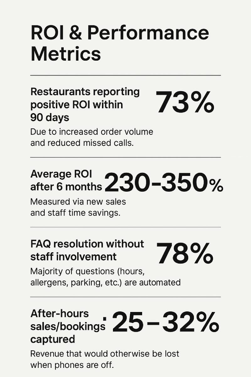 Infographic titled “ROI & Performance Metrics.” It shows: 73% of restaurants report positive ROI within 90 days, average ROI after 6 months is 230–350%, 78% of FAQs are resolved without staff, and 25–32% of after-hours sales or bookings are captured.