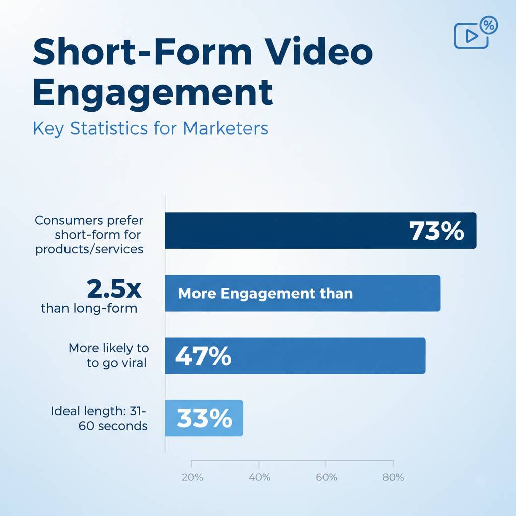 Infographic showing short-form video stats: 73% prefer it, 2.5x more engagement, 47% more likely to go viral, ideal length 31–60 seconds (33%).