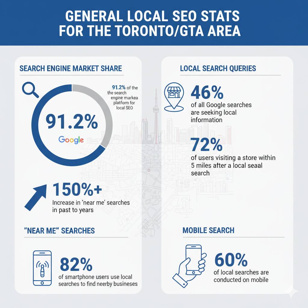 Infographic showing local SEO stats for Toronto/GTA: Google holds 91.2% market share, 46% of searches seek local info, 72% of users visit stores within 5 miles, 82% of smartphone users use local searches, and 60% of searches are mobile