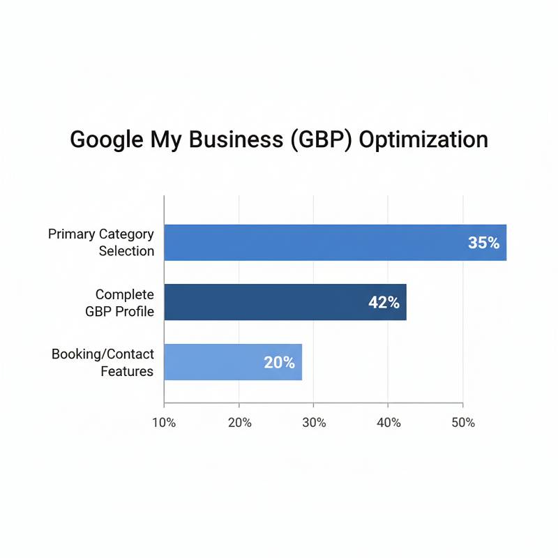 Bar graph illustrating the importance of Google My Business (GBP) optimization. The graph shows that 42% of businesses prioritize completing their GBP profile, 35% focus on primary category selection, and 20% utilize booking/contact features