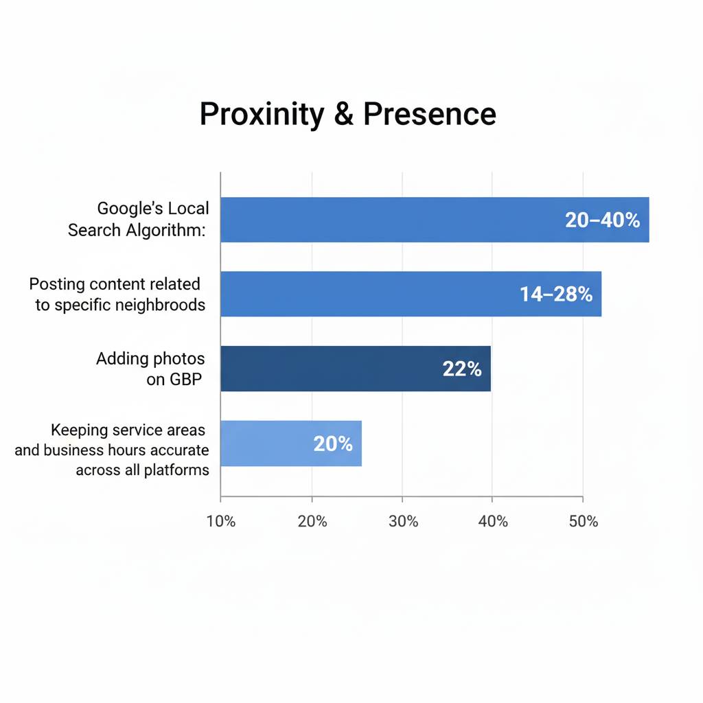 Bar graph showing the impact of proximity and presence on local SEO: Google's local search algorithm (20-40%), posting neighborhood content (14-28%), adding photos to GBP (22%), and accurate service areas and hours (20%).