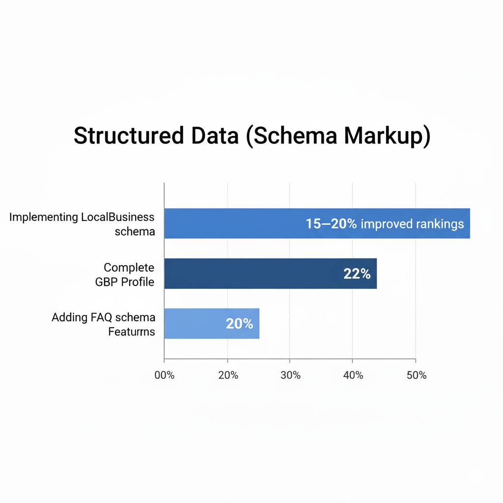 Bar graph showing the impact of structured data (schema markup) on SEO. Implementing LocalBusiness schema improves rankings by 15-20%, completing the GBP profile impacts 22%, and adding FAQ schema features affects 20%