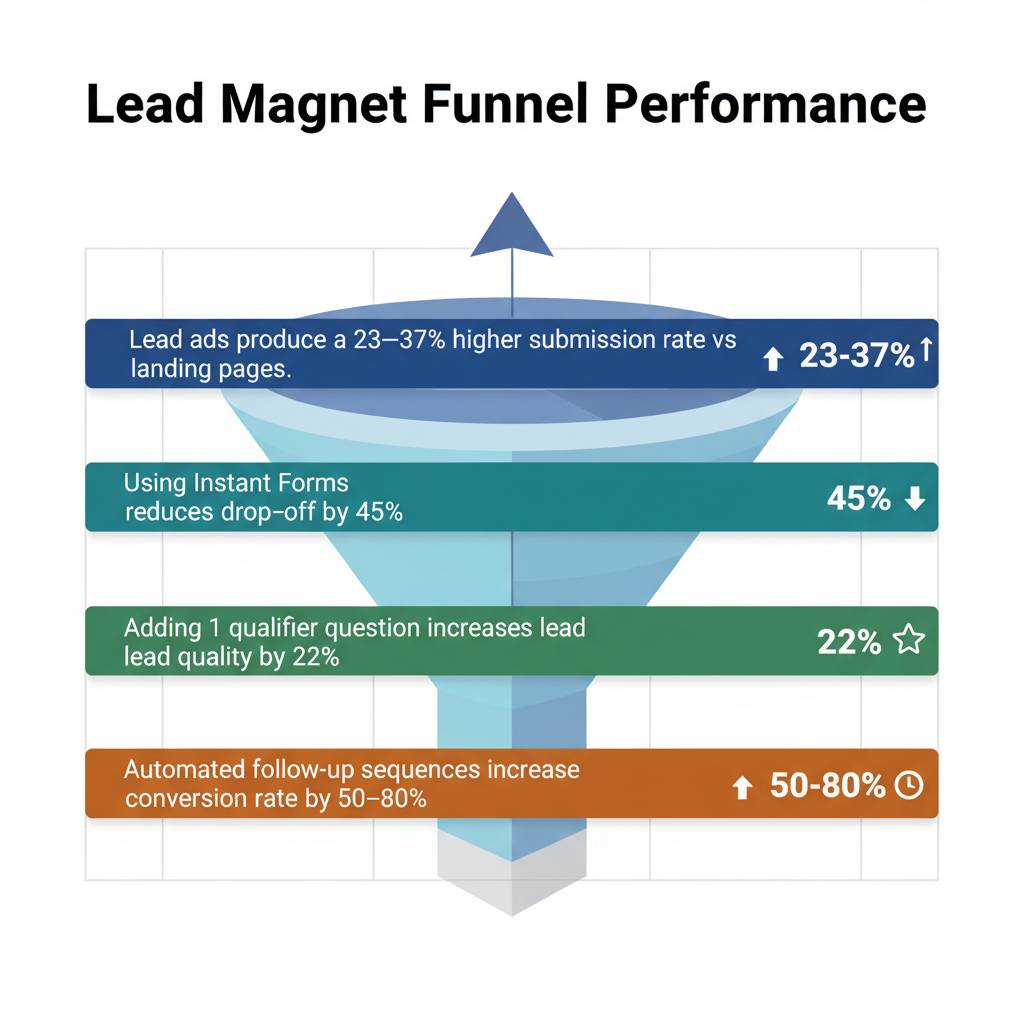 An infographic of a marketing funnel titled “Lead Magnet Funnel Performance,” showing four stages: lead ads boosting submissions by 23–37%, Instant Forms reducing drop-off by 45%, one qualifier question improving lead quality by 22%, and automated follow-ups increasing conversions by 50–80%.