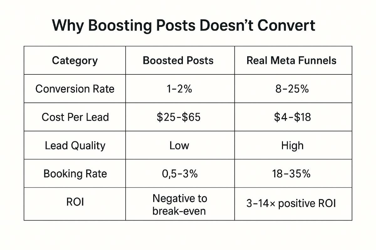A comparison table titled “Why Boosting Posts Doesn’t Convert,” showing key differences between boosted posts and real Meta funnels. Boosted posts have a 1–2% conversion rate, $25–$65 cost per lead, low lead quality, 0.5–3% booking rate, and negative to break-even ROI. Real Meta funnels show 8–25% conversions, $4–$18 cost per lead, high-quality leads, 18–35% booking rates, and 3–14× positive ROI.