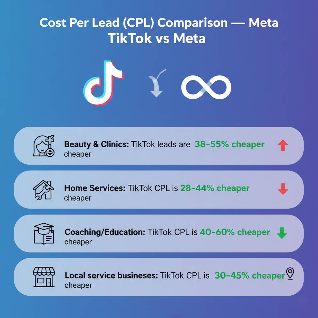 Infographic comparing TikTok vs Meta Cost Per Lead (CPL). Shows TikTok leads are 38–55% cheaper for beauty and clinics, 28–44% cheaper for home services, 40–60% cheaper for coaching and education, and 30–45% cheaper for local service businesses. Includes icons for each industry and TikTok/Meta logos