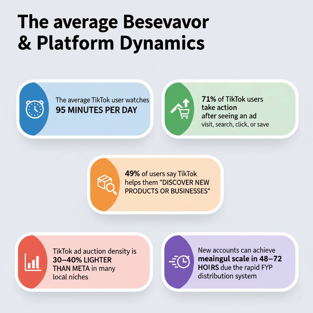 Infographic showing TikTok user behavior: 95 minutes daily watch time, 71% take action after ads, 49% discover new products, ad auction density 30–40% lighter than Meta, and new accounts can scale in 48–72 hours