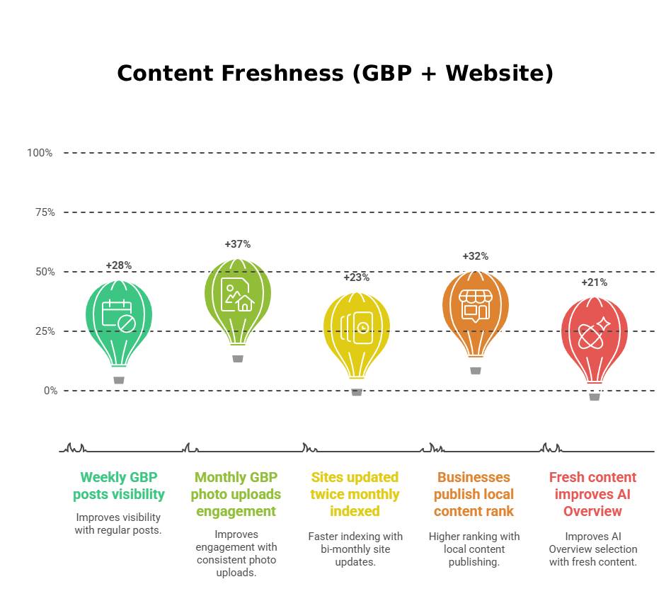 Infographic showing the impact of content freshness on GBP and website performance, with key metrics such as photo uploads (+37%) and fresh content improving AI overview (+21%).