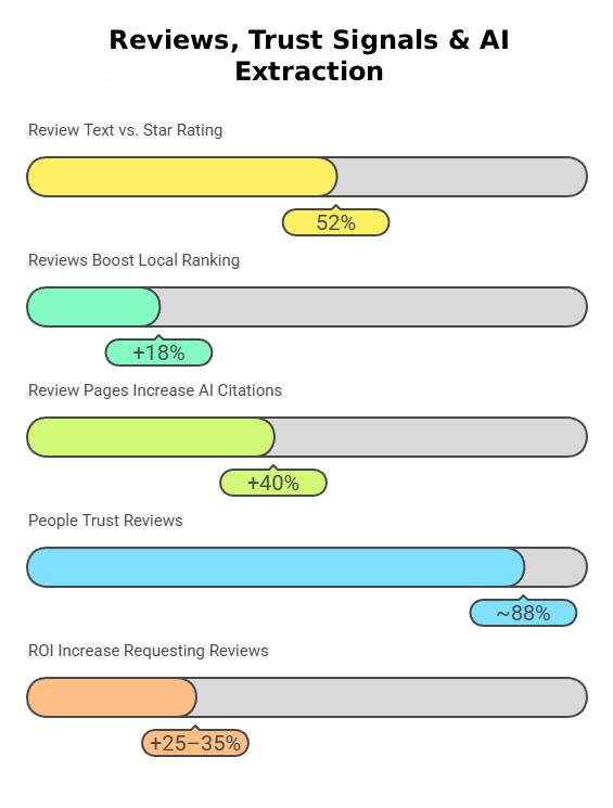 Infographic showing the impact of reviews, trust signals, and AI extraction on business performance. Key metrics include review text vs. star rating (52%), reviews boosting local ranking (+18%), review pages increasing AI citations (+40%), people trusting reviews (~88%), and ROI increase from requesting reviews (+25-35%).