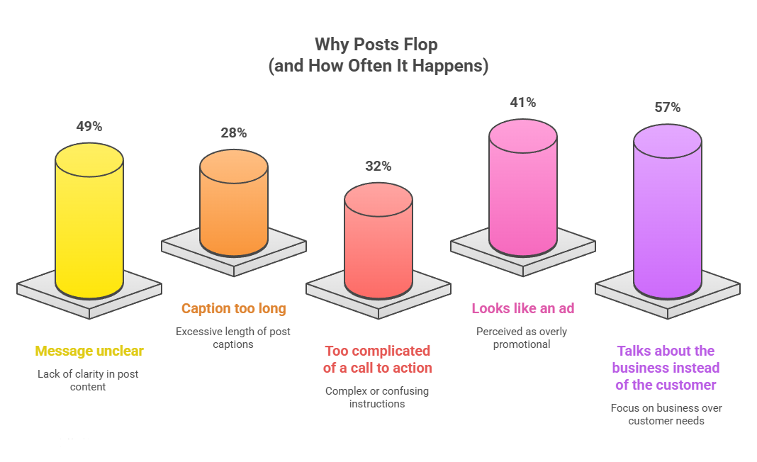 Chart showing top reasons social media posts flop: 49% unclear message, 28% long captions, 32% complicated call to action, 41% looks like an ad, 57% talks about business instead of customer.