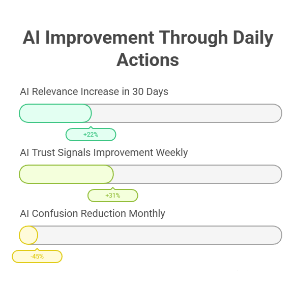 Progress-style infographic titled ‘AI Improvement Through Daily Actions’ showing gains: AI relevance up 22% in 30 days, AI trust signals up 31% weekly, and AI confusion reduced by 45% monthly.