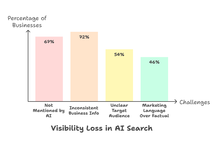 “Bar chart titled ‘Visibility Loss in AI Search’ showing business challenges: 72% inconsistent business info, 67% not mentioned by AI, 54% unclear target audience, and 46% marketing language over factual content.”