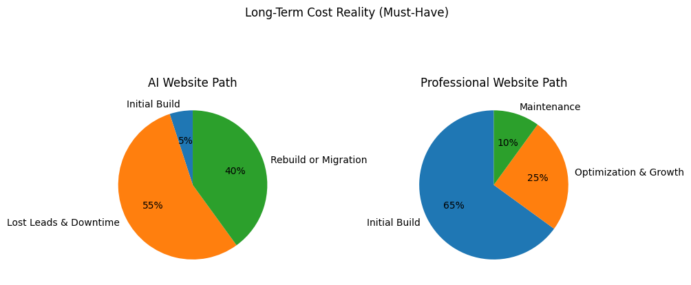Two pie charts side by side titled “Long-Term Cost Reality (Must-Have)”. The AI Website Path chart shows 5% initial build, 55% lost leads and downtime, and 40% rebuild or migration. The Professional Website Path chart shows 65% initial build, 25% optimization and growth, and 10% maintenance.
