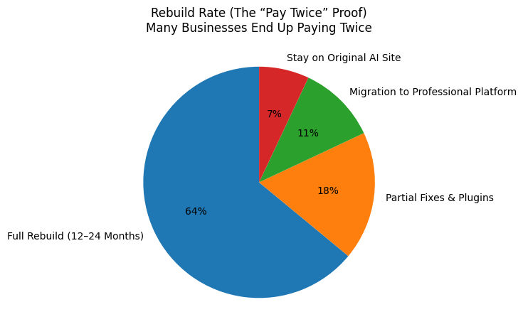 Pie chart titled “Rebuild Rate (The ‘Pay Twice’ Proof)” showing how most businesses pay twice after using AI-built websites.