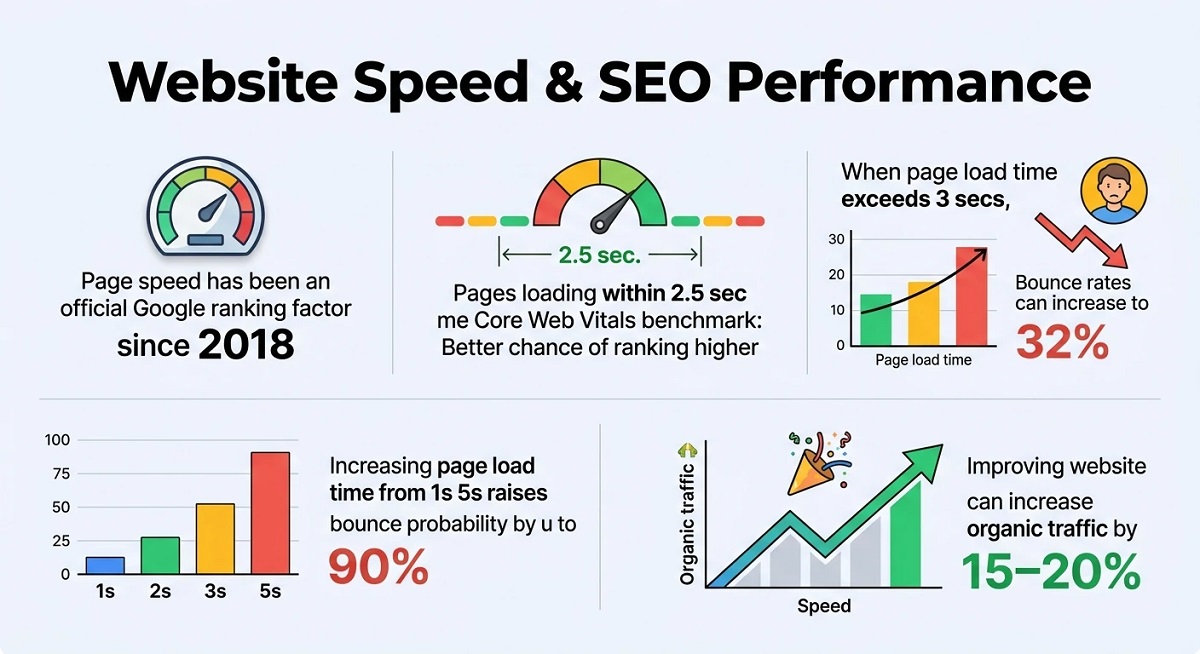 Infographic on website speed and SEO showing faster pages rank better, slow pages increase bounce rates, and improving speed can boost organic traffic by 15–20%.
