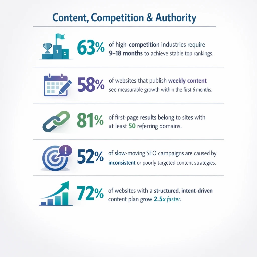 Infographic with five SEO content stats: 63% of competitive industries need 9–18 months for rankings, 58% of weekly publishing sites grow in 6 months, 81% of first page results have 50+ referring domains, 52% of slow SEO is due to inconsistent content, and 72% of structured content plans grow 2.5× faster