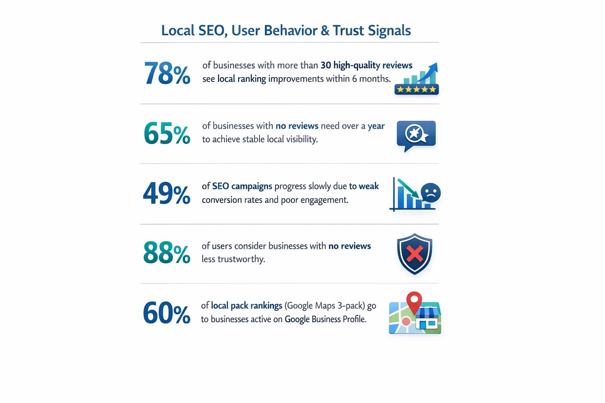 Infographic showing five local SEO statistics about reviews, engagement, trust, and Google Business Profile activity.