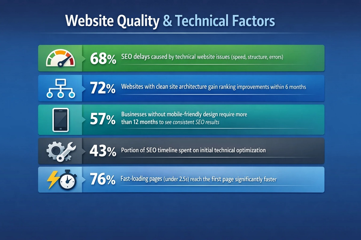 Infographic showing five technical SEO stats: 68% of SEO delays come from technical issues, 72% of clean architecture sites improve rankings in 6 months, 57% of non mobile friendly sites take over 12 months for results, 43% of SEO work is technical optimization, and 76% of pages loading under 2.5s reach page one faster.Infographic showing five technical SEO stats: 68% of SEO delays come from technical issues, 72% of clean architecture sites improve rankings in 6 months, 57% of non mobile friendly sites take over 12 months for results, 43% of SEO work is technical optimization, and 76% of pages loading under 2.5s reach page one faster.