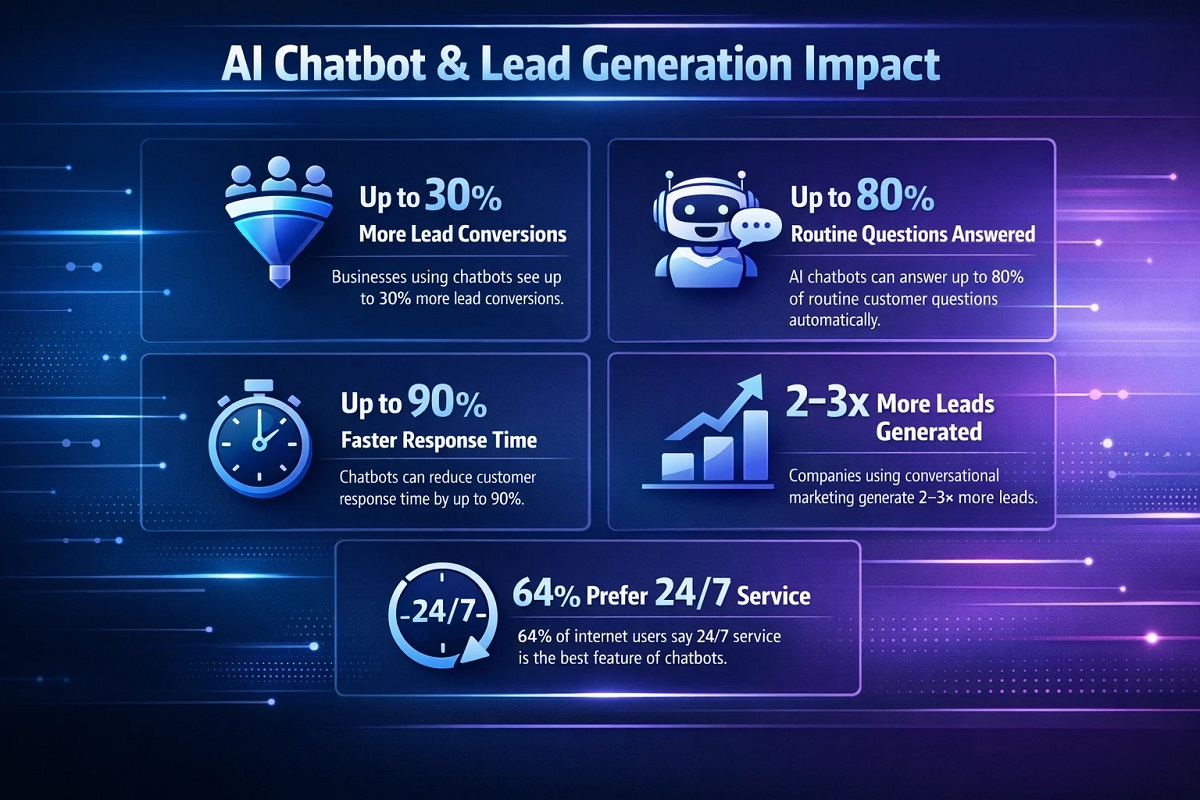 Infographic showing chatbot benefits: up to 30% more conversions, 80% of questions answered, 90% faster responses, 2–3× more leads, and 64% prefer 24/7 service.
