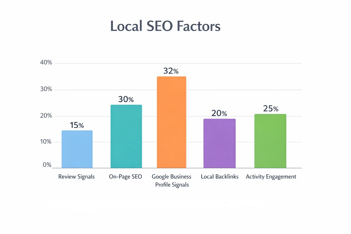 Bar chart titled “Local SEO Factors” showing ranking impact: Review Signals 15%, On Page SEO 30%, Google Business Profile Signals 32%, Local Backlinks 20%, and Activity Engagement 25%.