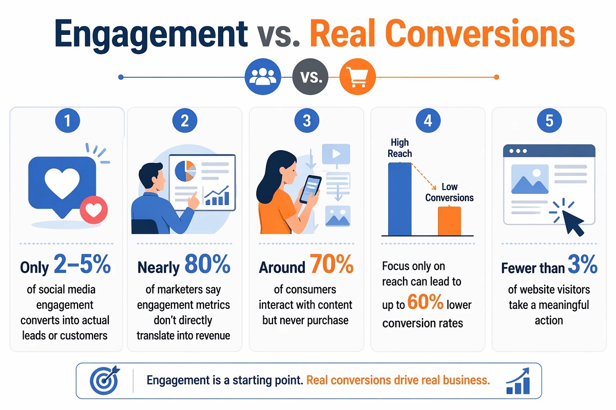 Infographic titled “Engagement vs. Real Conversions” featuring five statistics demonstrating that high social media engagement, reach, and website traffic often yield very low actual sales or meaningful customer actions. The graphic concludes with the statement, “Engagement is a starting point. Real conversions drive real business.”
