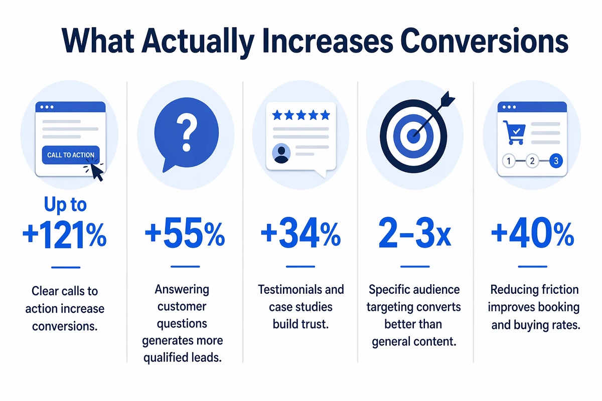 Infographic titled “What Actually Increases Conversions” detailing five strategies and their impact: clear calls to action (up to +121%), answering customer questions (+55%), testimonials (+34%), specific audience targeting (2-3x), and reducing friction (+40%).